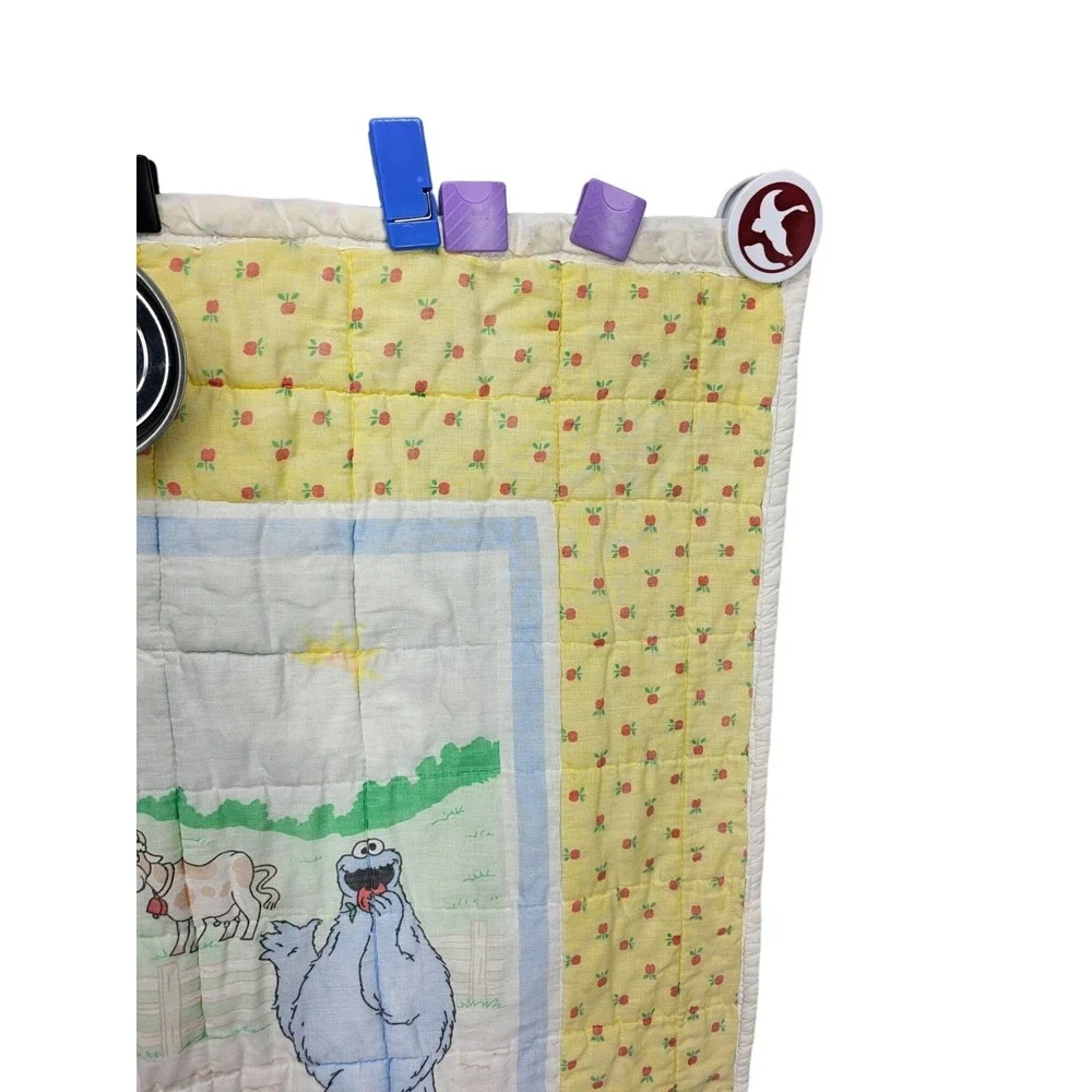 Vintage Sesame Street crib Quilt 42x32 Handmade Farm Theme Yellow Floral edging,